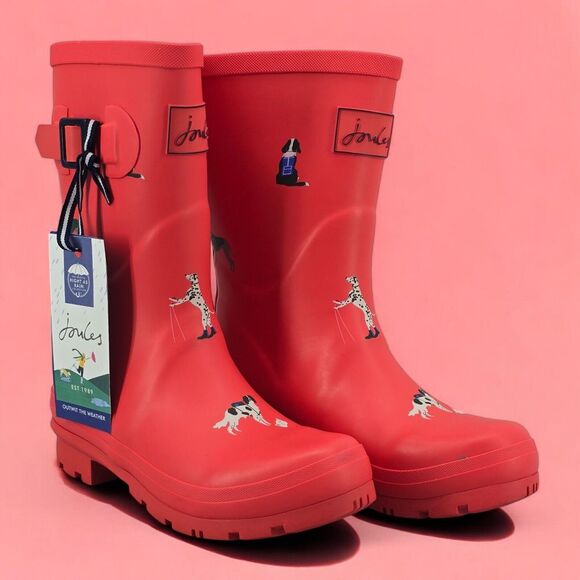 New Joules Rain Boots Mid Calf Molly Welly‎ Print Hike Dogs Red Size US: 5 UK: 3 - Picture 1 of 12